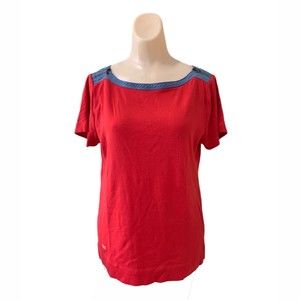 Lauren by Ralph Lauren Size Large Red Denim Trim Short Sleeve Top T Shirt